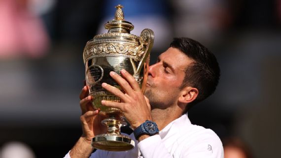 Djokovic used his steady brilliance to beat the ace-delivering, trick-shot-hitting Kyrgios 4-6, 6-3, 6-4, 7-6 (3) on Sunday for a fourth consecutive Wimbledon championship and seventh overall.